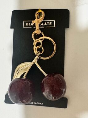Black Slate Gold Cherry Keychain with Deep Burgundy Cherries